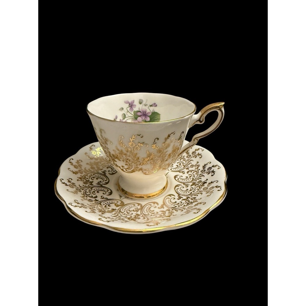 Royal Standard Gold  W/purple Flowers Teacup and Saucer Vintage